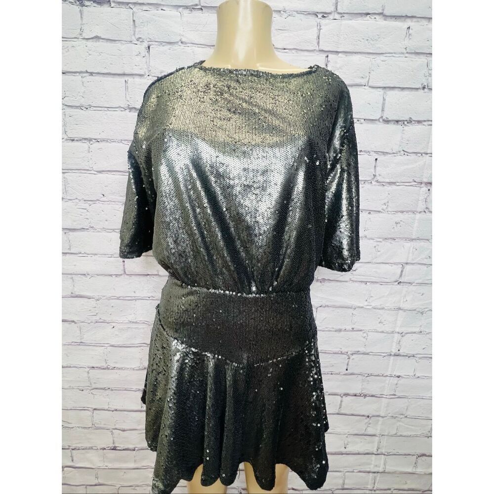 Free People Womens Gunmetal Gray Sequin Futter Sleeve Manuka Mini Dress Size XS
